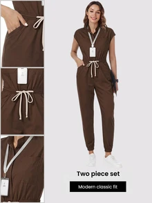 TaskEZ 女款護理師刷手服連身褲，手術刷手服，醫療人員刷手服，附肩袖、4個口袋與腰部抽繩 - 彩色 - 查看 1