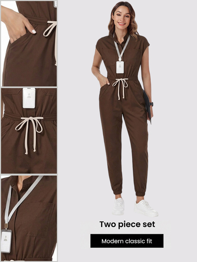 TaskEZ Scrub Uniform Jumpsuit, Women's Nurse Scrub Uniform, Surgical Scrub, Healthcare Worker Scrub Uniform, With Shoulder Sleeves, 4 Pockets And Waist Drawstring