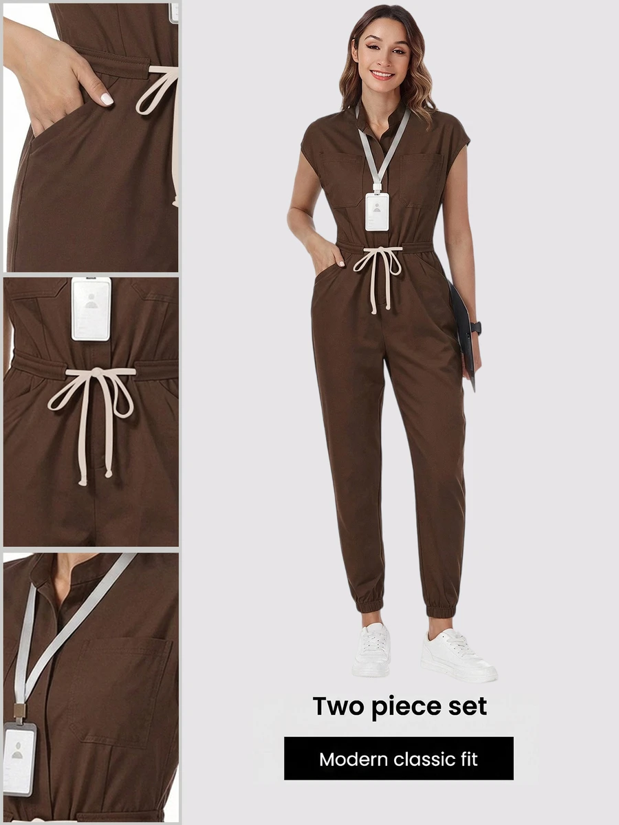 TaskEZ 女款護理師刷手服連身褲，手術刷手服，醫療人員刷手服，附肩袖、4個口袋與腰部抽繩 - 彩色 - 查看 1