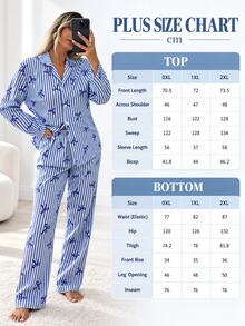 SHEIN Cottnline Plus Size Cottonline Women 2 Pcs Button Front With Striped&Bot Pattern Homewear Cute Pajama Set - Royal Blue - View 4