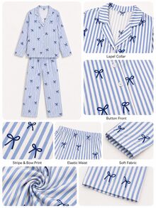 SHEIN Cottnline Plus Size Cottonline Women 2 Pcs Button Front With Striped&Bot Pattern Homewear Cute Pajama Set - Royal Blue - View 7