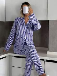 SHEIN Cottnline Plus Size Cottonline Women 2 Pcs Button Front With Striped&Bot Pattern Homewear Cute Pajama Set - Royal Blue - View 8