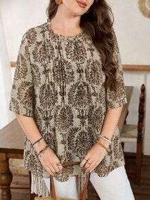 Lacomfia Plus Size Women Loose Chiffon Printed Blouse, Front Placket Detail, 3/4 Sleeve, Lined, Suitable For Casual Occasions In Spring And Summer - Brown - View 4