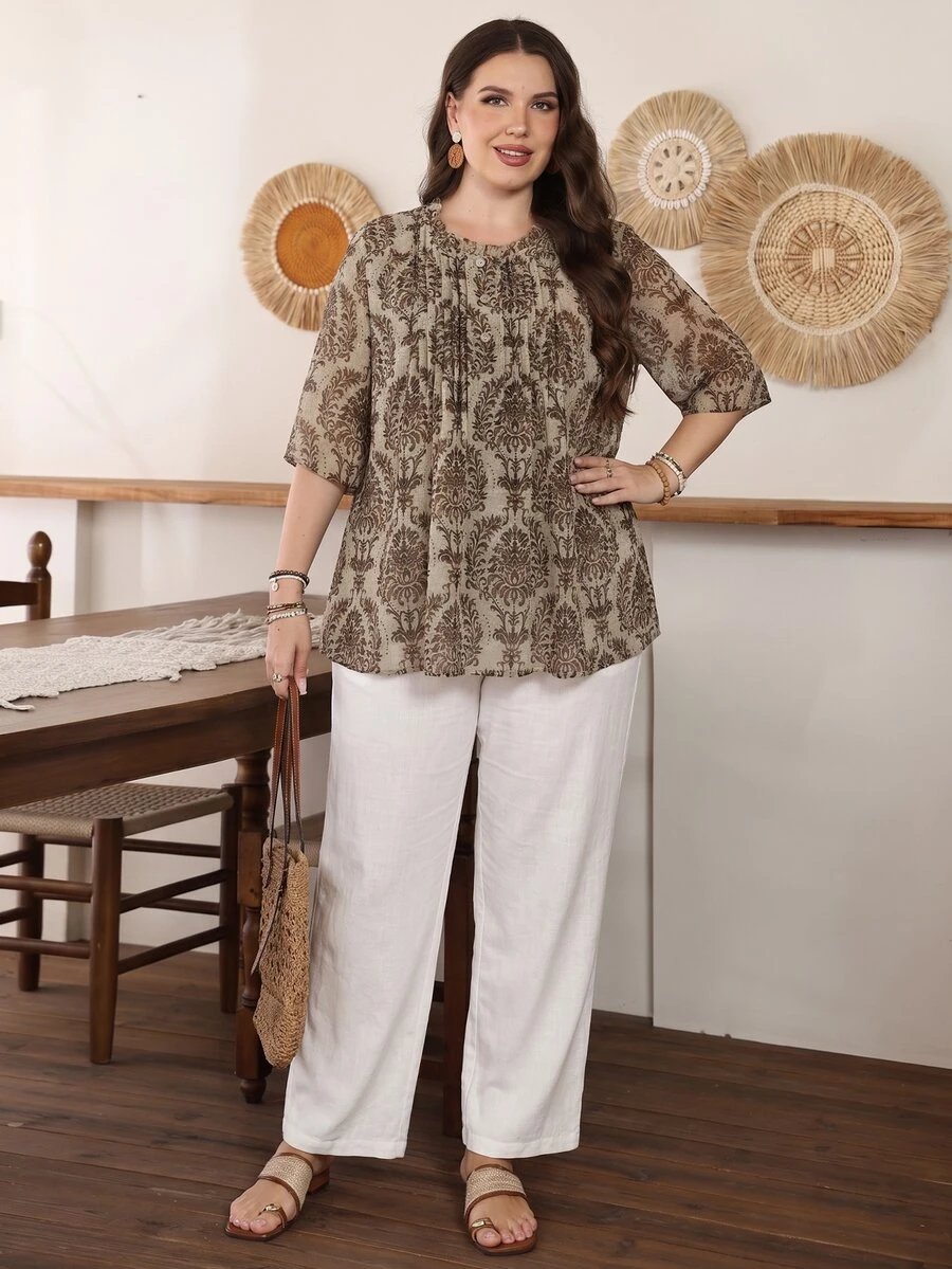 Lacomfia Plus Size Women Loose Chiffon Printed Blouse, Front Placket Detail, 3/4 Sleeve, Lined, Suitable For Casual Occasions In Spring And Summer - Brown - View 1