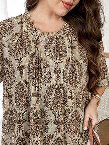 Lacomfia Plus Size Women Loose Chiffon Printed Blouse, Front Placket Detail, 3/4 Sleeve, Lined, Suitable For Casual Occasions In Spring And Summer - Brown - View 7