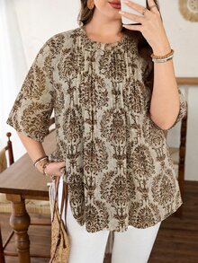 Lacomfia Plus Size Women Loose Chiffon Printed Blouse, Front Placket Detail, 3/4 Sleeve, Lined, Suitable For Casual Occasions In Spring And Summer - Brown - View 6