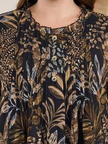 Lacomfia Plus Size Women Loose Chiffon Printed Blouse, Front Placket Detail, 3/4 Sleeve, Lined, Suitable For Casual Occasions In Spring And Summer - Brown - View 5