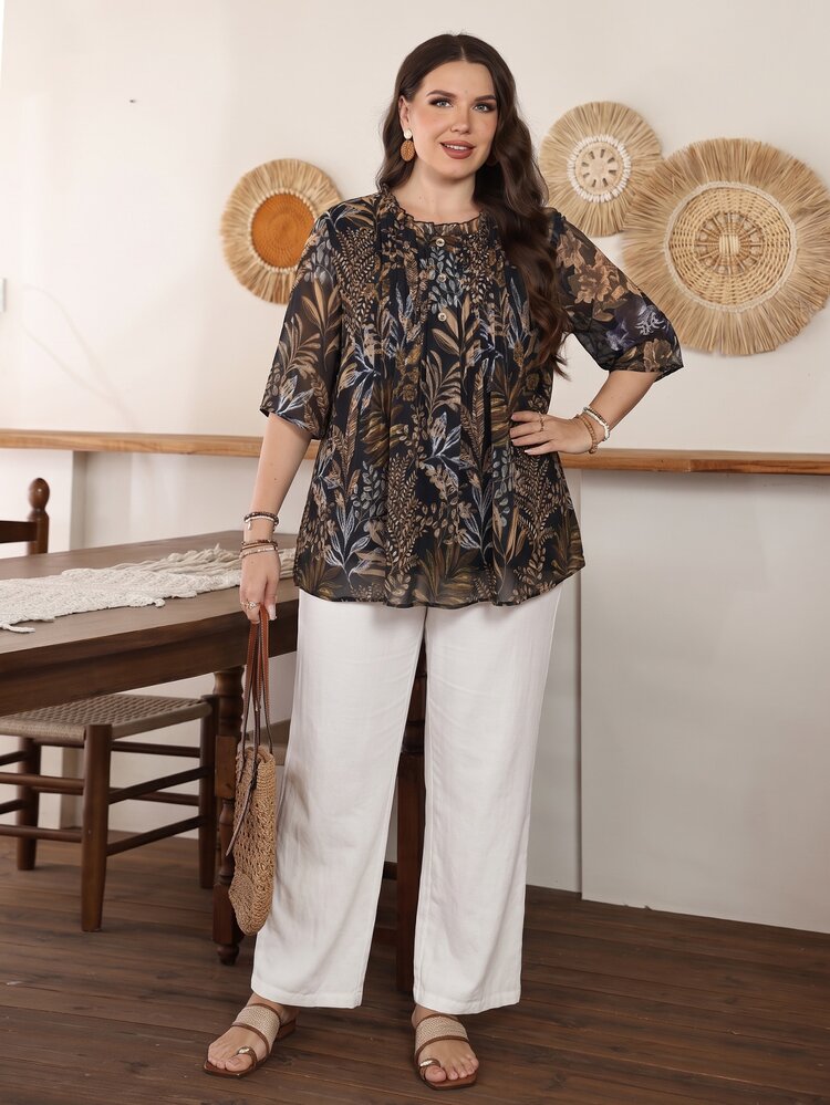 Lacomfia Plus Size Women Loose Chiffon Printed Blouse, Front Placket Detail, 3/4 Sleeve, Lined, Suitable For Casual Occasions In Spring And Summer - Brown - View 1