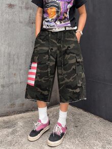 ROMWE MEN Men's Camouflage Loose Fit Denim Shorts - Army Green - View 5