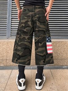 ROMWE MEN Men's Camouflage Loose Fit Denim Shorts - Army Green - View 3