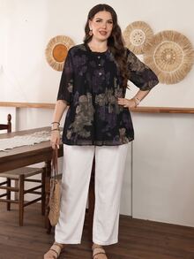 Lacomfia Plus Size Women Loose Chiffon Printed Blouse, Front Placket Detail, Half Sleeve, Lined, Suitable For Casual Occasions In Spring And Summer - Multicolor - View 1
