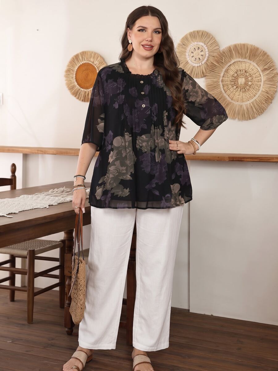 Lacomfia Plus Size Women Loose Chiffon Printed Blouse, Front Placket Detail, Half Sleeve, Lined, Suitable For Casual Occasions In Spring And Summer - Multicolor - View 1