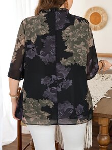 Lacomfia Plus Size Women Loose Chiffon Printed Blouse, Front Placket Detail, Half Sleeve, Lined, Suitable For Casual Occasions In Spring And Summer - Multicolor - View 2