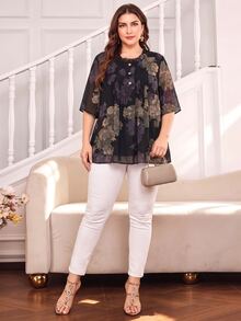 Lacomfia Plus Size Women Loose Chiffon Printed Blouse, Front Placket Detail, Half Sleeve, Lined, Suitable For Casual Occasions In Spring And Summer - Multicolor - View 4