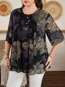 Lacomfia Plus Size Women Loose Chiffon Printed Blouse, Front Placket Detail, Half Sleeve, Lined, Suitable For Casual Occasions In Spring And Summer - Multicolor - View 9