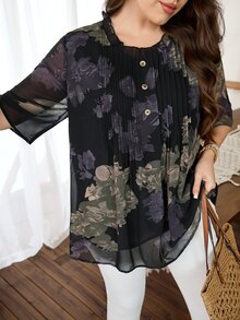 Lacomfia Plus Size Women Loose Chiffon Printed Blouse, Front Placket Detail, Half Sleeve, Lined, Suitable For Casual Occasions In Spring And Summer - Multicolor - View 7