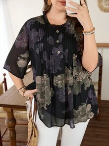Lacomfia Plus Size Women Loose Chiffon Printed Blouse, Front Placket Detail, Half Sleeve, Lined, Suitable For Casual Occasions In Spring And Summer - Multicolor - View 8