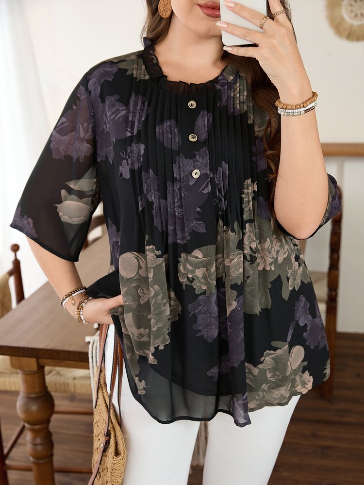 Lacomfia Plus Size Women Loose Chiffon Printed Blouse, Front Placket Detail, Half Sleeve, Lined, Suitable For Casual Occasions In Spring And Summer - Multicolor - View 8