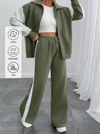 SHEIN Cottnline طقم رياضي كاجوال فضفاض للنساء مقاس طويل باللون الأخضر الزيتوني السادة، بلوزة رياضية بأكمام طويلة وبنطال رياضي بياقة واقفة، مناسب للجيم والعطلات الشتوية