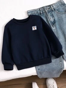 SHEIN 女童時尚休閒公主風圓領長袖運動衫，適合秋季日常穿著、7歲生日、時尚女孩、返校季，海軍藍 - 寶藍色 - 查看 5