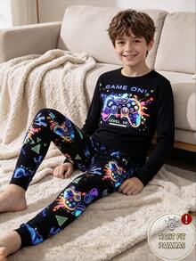 SHEIN 2pcs Kids Tween Boy Casual Daily Comfortable Printed Pattern Crew Neck Pullover Pajama Top And Pants Knit Loungewear Snug Fit Set - Black - View 7
