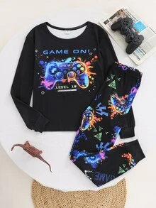 SHEIN 2pcs Kids Tween Boy Casual Daily Comfortable Printed Pattern Crew Neck Pullover Pajama Top And Pants Knit Loungewear Snug Fit Set - Black - View 6