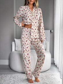 SHEIN Cottnline Plus Size Women 2 Pieces Beige Floral Print Button Front Homewear Cute Elegant Pajama Set Night - Apricot - View 8