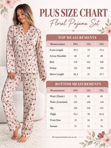 SHEIN Cottnline Plus Size Women 2 Pieces Beige Floral Print Button Front Homewear Cute Elegant Pajama Set Night - Apricot - View 4