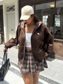 Muchica Plus-Size Brown Plaid Equestrian Embroidered Zip-Up Long-Sleeved Casual Preppy Style Loose Sweatshirt - Brown - View 4