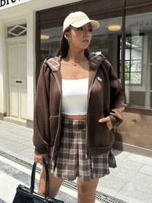 Muchica Plus-Size Brown Plaid Equestrian Embroidered Zip-Up Long-Sleeved Casual Preppy Style Loose Sweatshirt - Brown - View 3