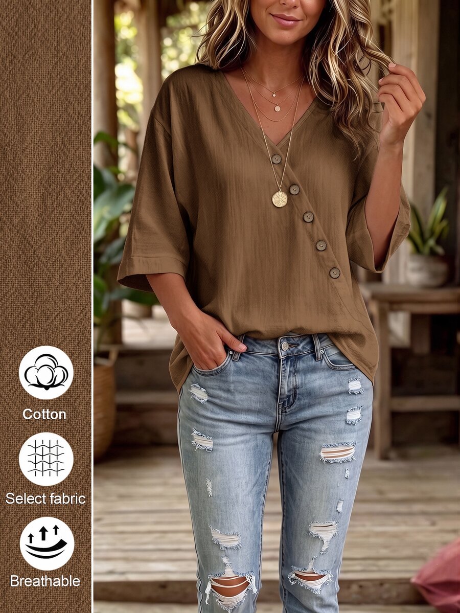 Linhara CURVE Women's Plus Size V-Neck Asymmetric Hem Top, Casual Outing Blouse Fall - Khaki - View 1