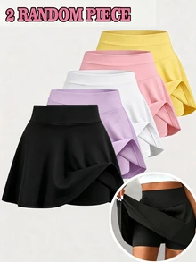 SHEIN Young Girl' Anti-Chafe Skort Set, Summer Solid Knit A-Line Skirt With Built-In Shorts, School Birthday, Sports Purple,Black,Autunm,Winter - Multicolor - View 6