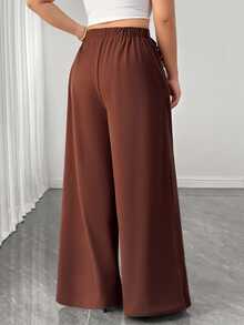 Elenzga Women's Plus Size Brown Button Casual Trousers, Elegant Versatile Chic Pants For Autumn/Winter, Suitable For Office, Home And Daily Wear - Brown - View 2