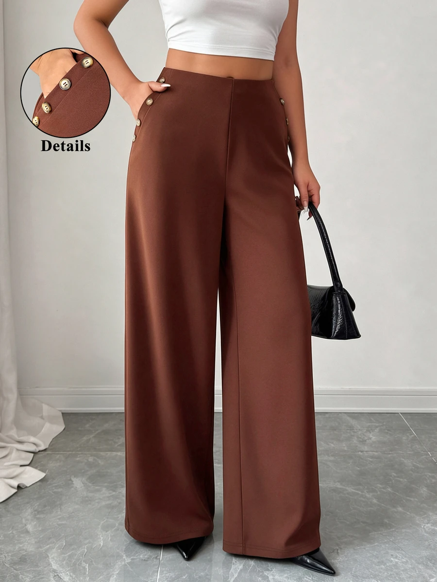 Elenzga Women's Plus Size Brown Button Casual Trousers, Elegant Versatile Chic Pants For Autumn/Winter, Suitable For Office, Home And Daily Wear - Brown - View 1