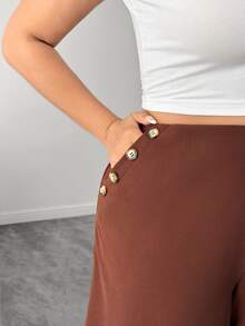 Elenzga Women's Plus Size Brown Button Casual Trousers, Elegant Versatile Chic Pants For Autumn/Winter, Suitable For Office, Home And Daily Wear - Brown - View 6