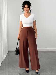 Elenzga Women's Plus Size Brown Button Casual Trousers, Elegant Versatile Chic Pants For Autumn/Winter, Suitable For Office, Home And Daily Wear - Brown - View 5