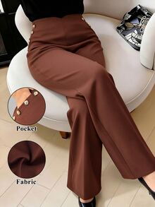 Elenzga Women's Plus Size Brown Button Casual Trousers, Elegant Versatile Chic Pants For Autumn/Winter, Suitable For Office, Home And Daily Wear - Brown - View 8
