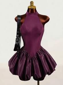 Mistrie Women's Solid Color Halter Neck Dress With Tulip Hem Party Night Dark Purple Summer Sexy - Purple - View 9