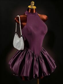 Mistrie Women's Solid Color Halter Neck Dress With Tulip Hem Party Night Dark Purple Summer Sexy - Purple - View 6