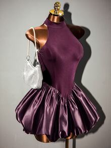 Mistrie Women's Solid Color Halter Neck Dress With Tulip Hem Party Night Dark Purple Summer Sexy - Purple - View 5