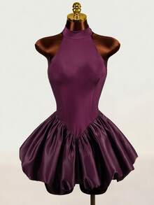 Mistrie Women's Solid Color Halter Neck Dress With Tulip Hem Party Night Dark Purple Summer Sexy - Purple - View 8