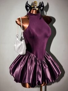 Mistrie Women's Solid Color Halter Neck Dress With Tulip Hem Party Night Dark Purple Summer Sexy - Purple - View 13
