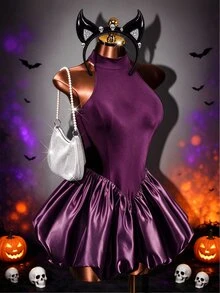 Mistrie Women's Solid Color Halter Neck Dress With Tulip Hem Party Night Dark Purple Summer Sexy - Purple - View 3