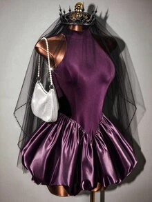 Mistrie Women's Solid Color Halter Neck Dress With Tulip Hem Party Night Dark Purple Summer Sexy - Purple - View 1