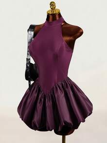 Mistrie Women's Solid Color Halter Neck Dress With Tulip Hem Party Night Dark Purple Summer Sexy - Purple - View 7