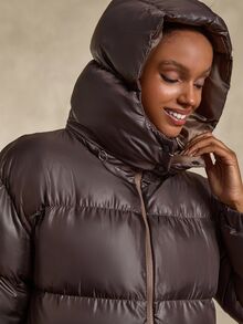 SHEIN Cottnline Plus Women's Brown Ultra Puffer Jacket With Removable Hood, Ultra Padded, Loose Fit - Brown - View 7