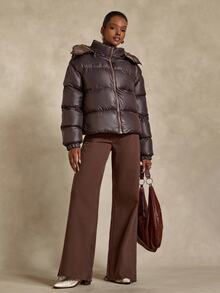SHEIN Cottnline Plus Women's Brown Ultra Puffer Jacket With Removable Hood, Ultra Padded, Loose Fit - Brown - View 6