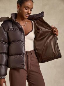 SHEIN Cottnline Plus Women's Brown Ultra Puffer Jacket With Removable Hood, Ultra Padded, Loose Fit - Brown - View 10