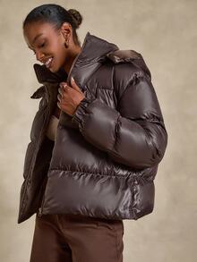 SHEIN Cottnline Plus Women's Brown Ultra Puffer Jacket With Removable Hood, Ultra Padded, Loose Fit - Brown - View 5