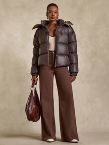 SHEIN Cottnline Plus Women's Brown Ultra Puffer Jacket With Removable Hood, Ultra Padded, Loose Fit - Brown - View 4